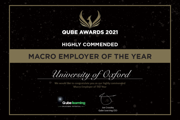 Qube Awards 2021, Oxford University Highly Commended Apprentice Macro employer of the year